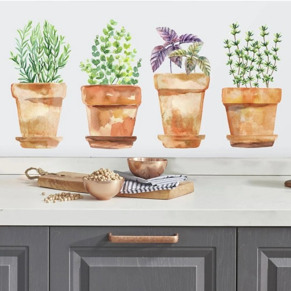Potted Herbs Peel & Stick Wall Decal Watercolor Pots Sticker Room Home Decor Art